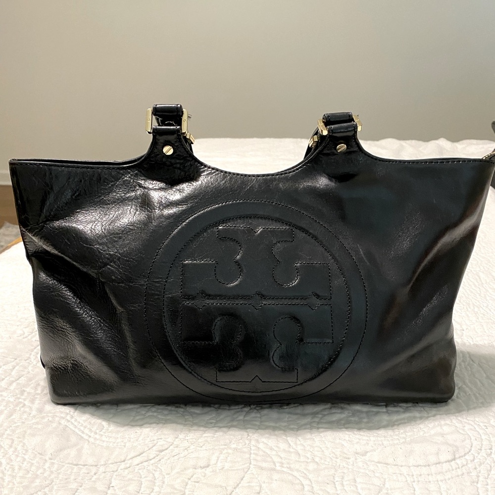 Tory Burch large bombe black leather tote bag